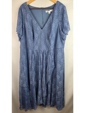 Ever Pretty Women's Dress Size 24 4X Blue Ruffle Lace Short Sleeve Formal A-Line